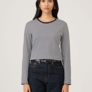 Women's Long Sleeve Classic T-shirt in White/Navy English Stripe